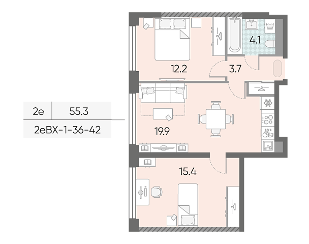 1 комн. квартира, 55.3 м², 37 этаж 