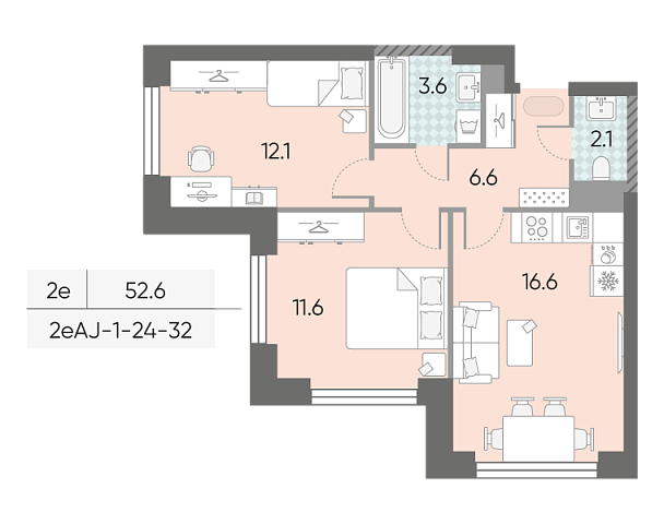 1 комн. квартира, 52.6 м², 25 этаж 