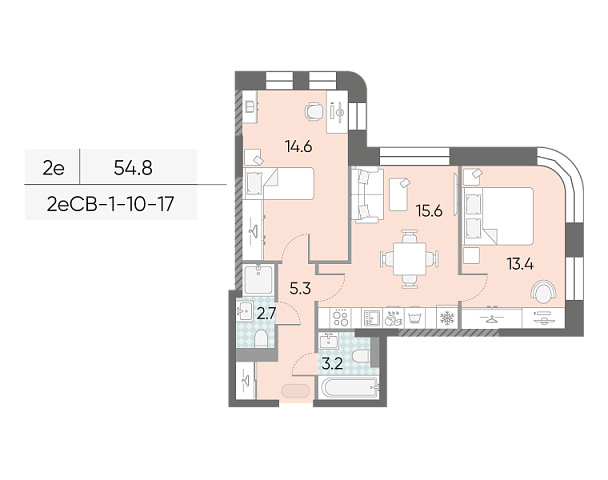 1 комн. квартира, 54.8 м², 16 этаж 