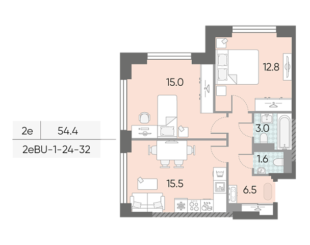 1 комн. квартира, 54.4 м², 27 этаж 