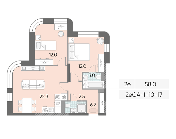 1 комн. квартира, 58 м², 13 этаж 