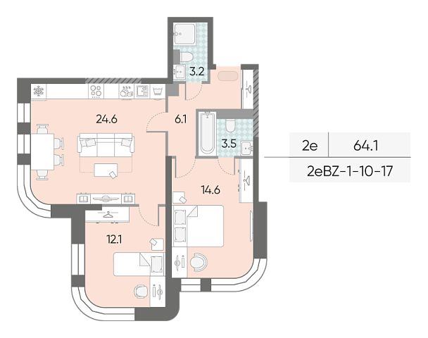1 комн. квартира, 64.1 м², 11 этаж 