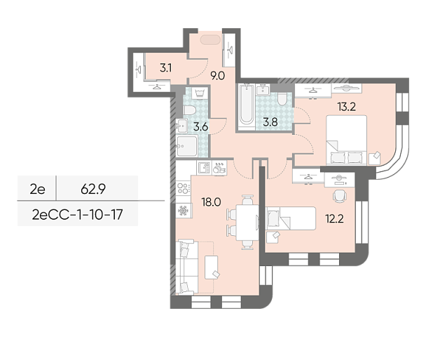 1 комн. квартира, 62.9 м², 14 этаж 