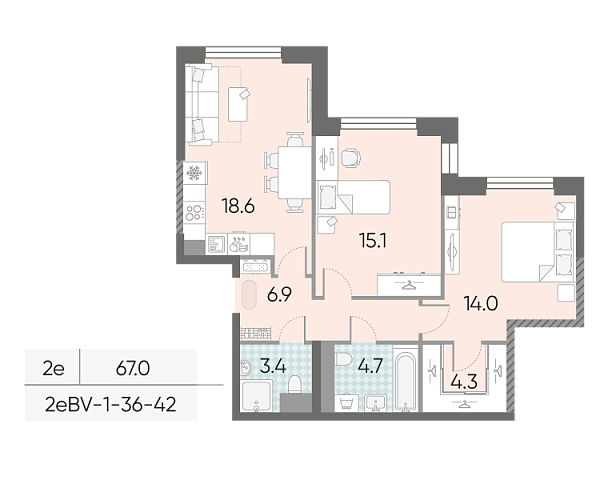 1 комн. квартира, 67 м², 37 этаж 