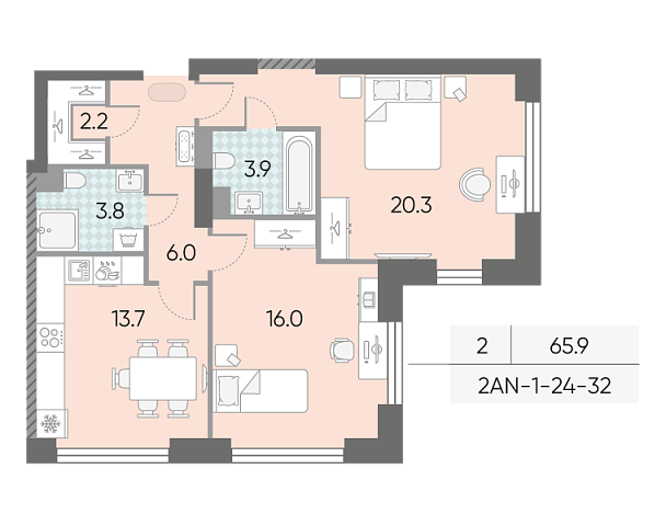 2 комн. квартира, 65.9 м², 31 этаж 
