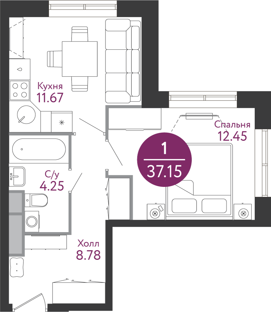 1 комн. квартира, 37.9 м², 12 этаж 