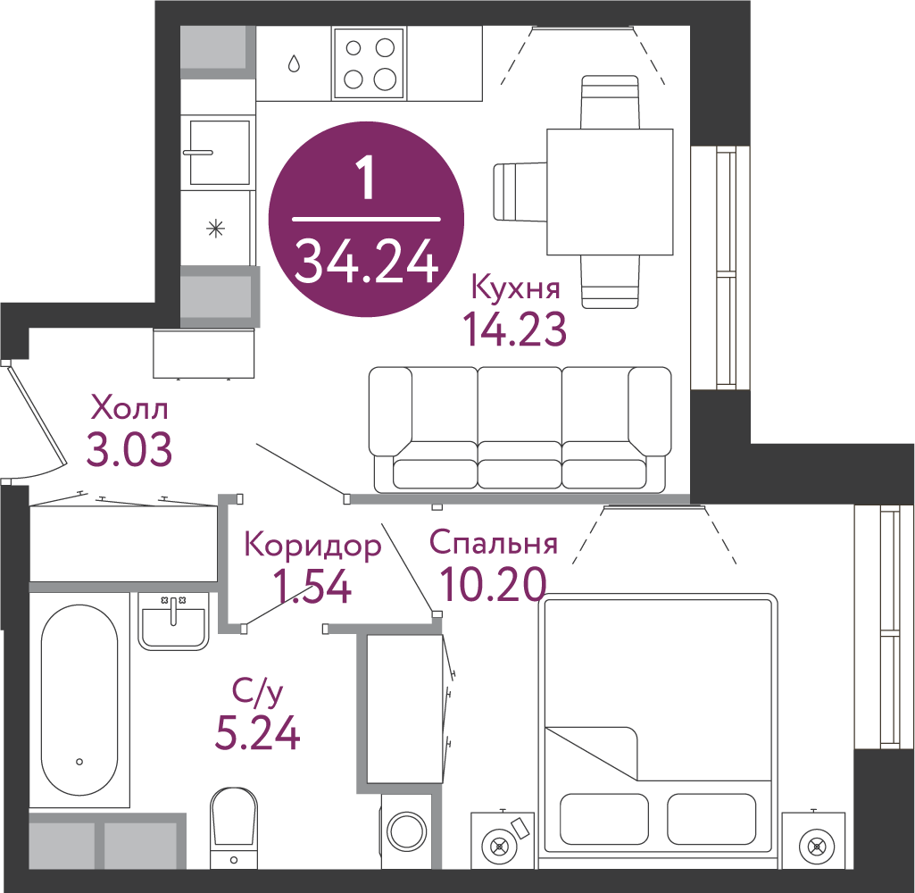 1 комн. квартира, 34.9 м², 12 этаж 