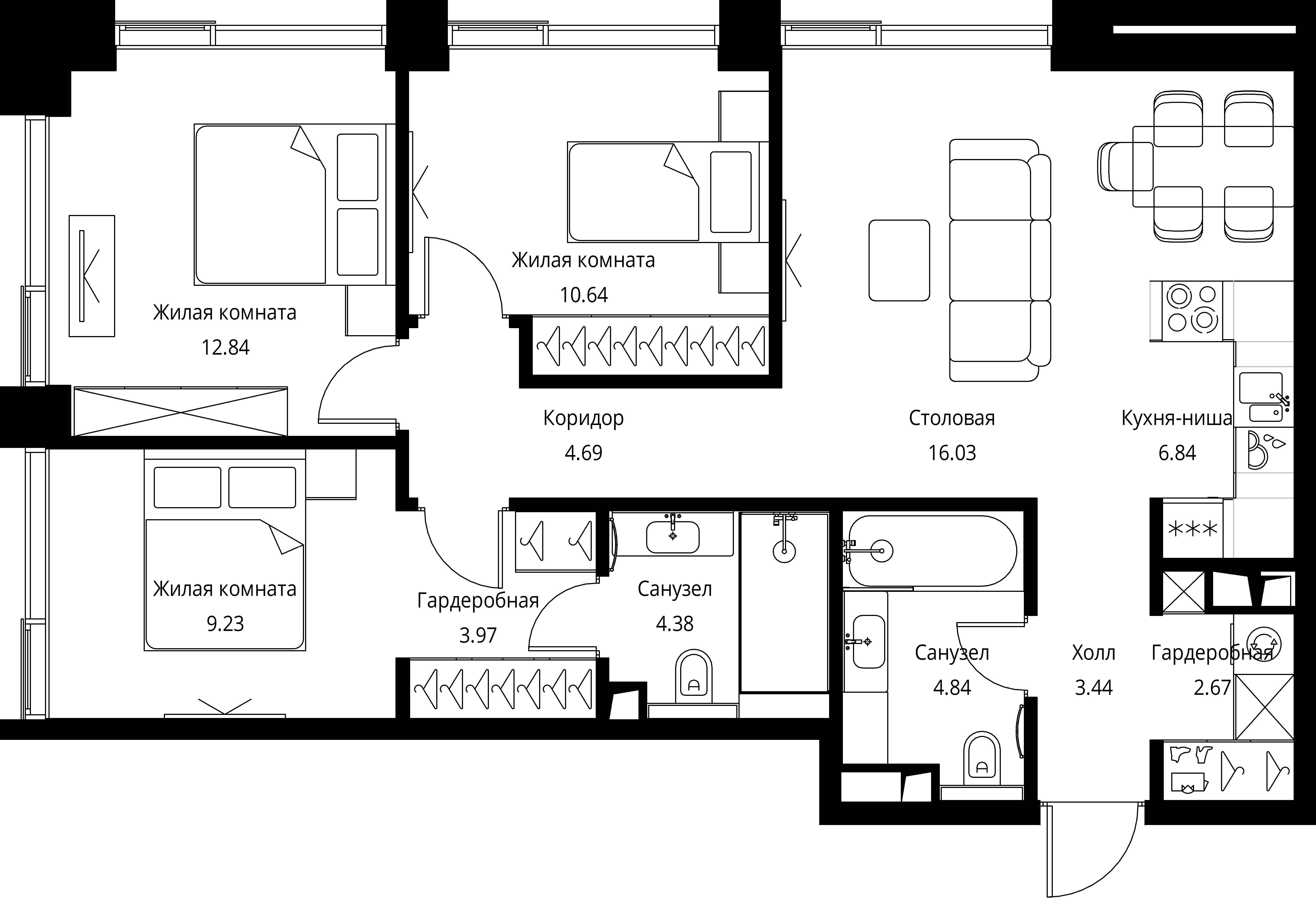 3 комн. квартира, 79.6 м², 5 этаж 