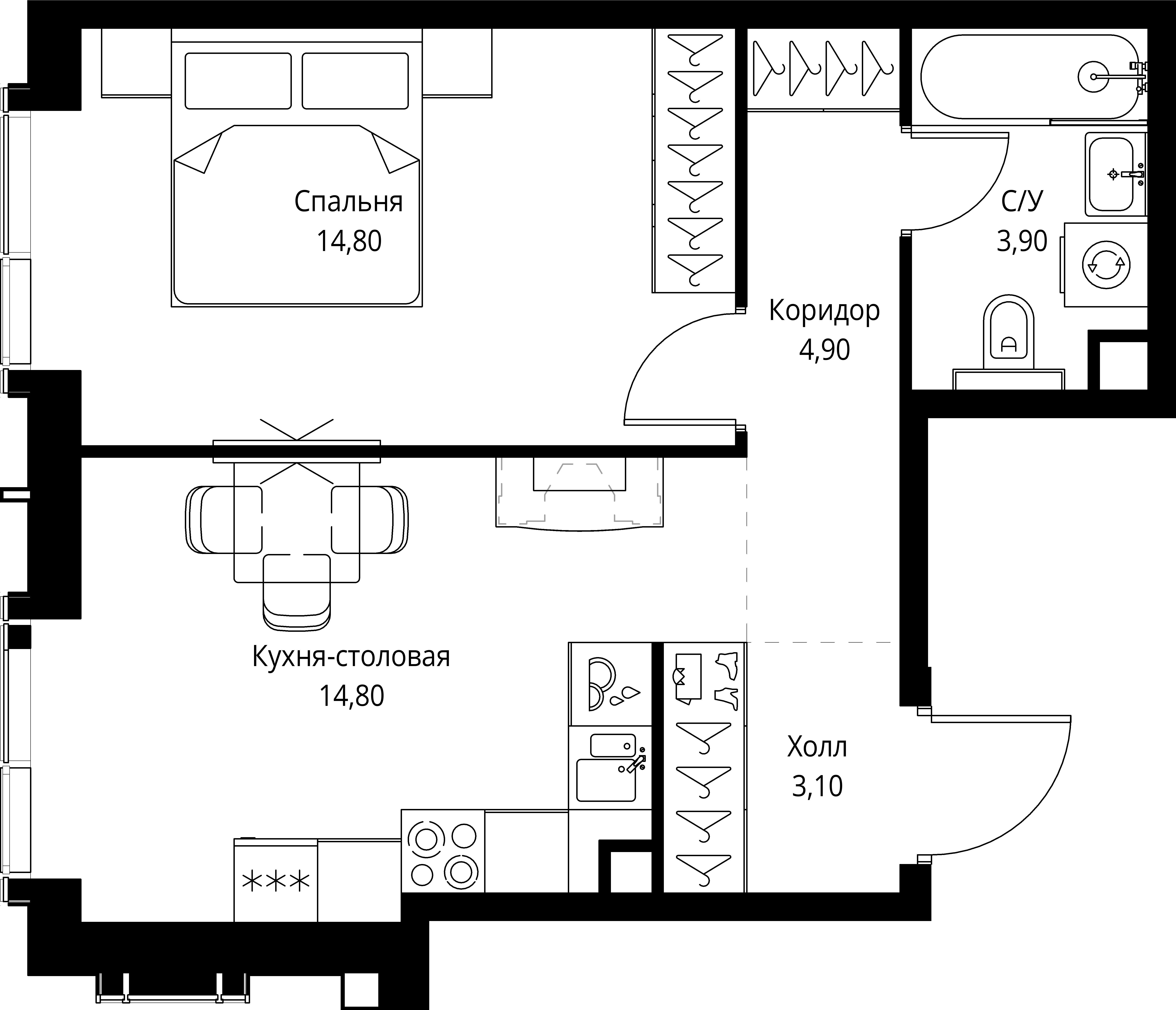 1 комн. квартира, 41.5 м², 20 этаж 
