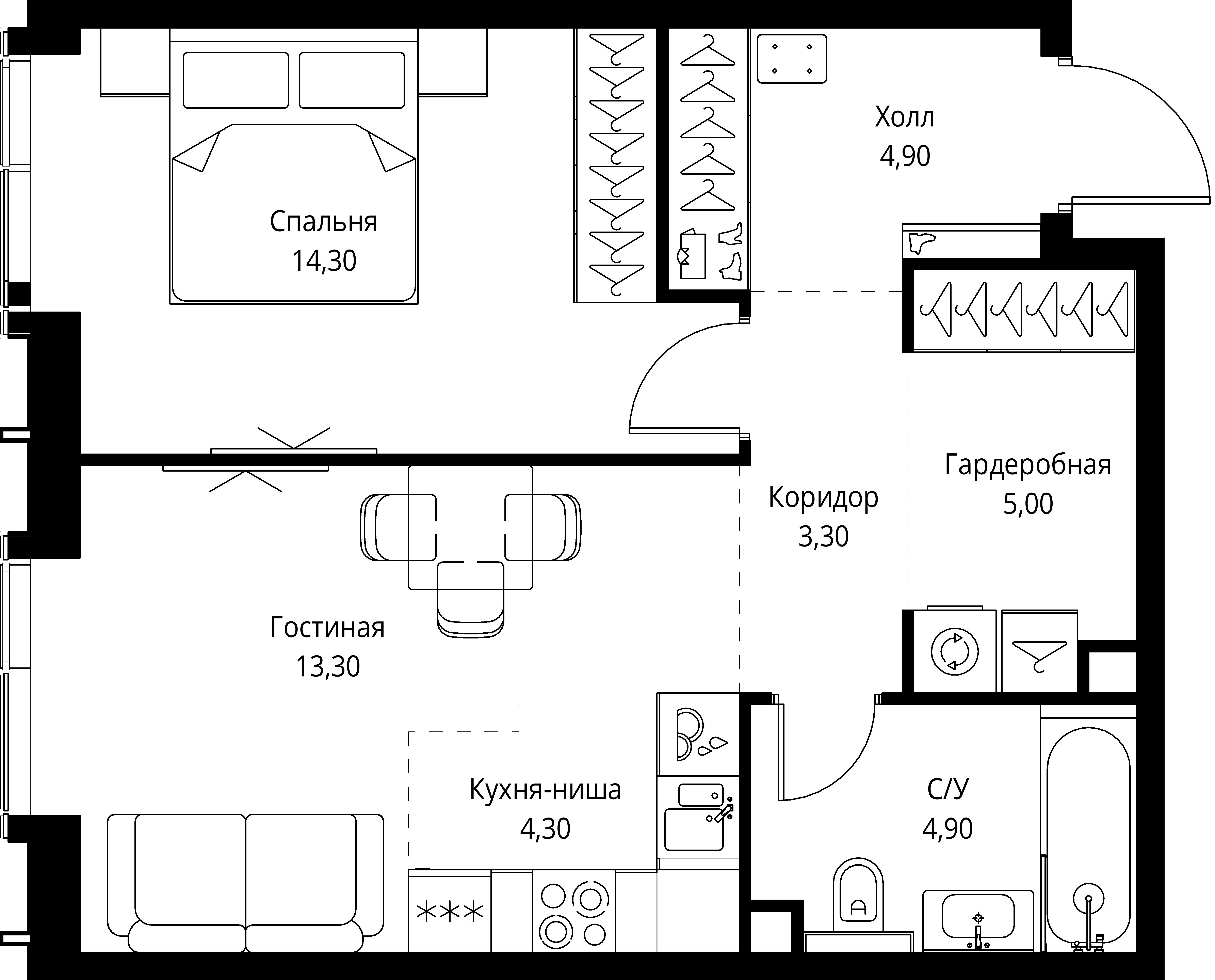 1 комн. квартира, 50 м², 3 этаж 