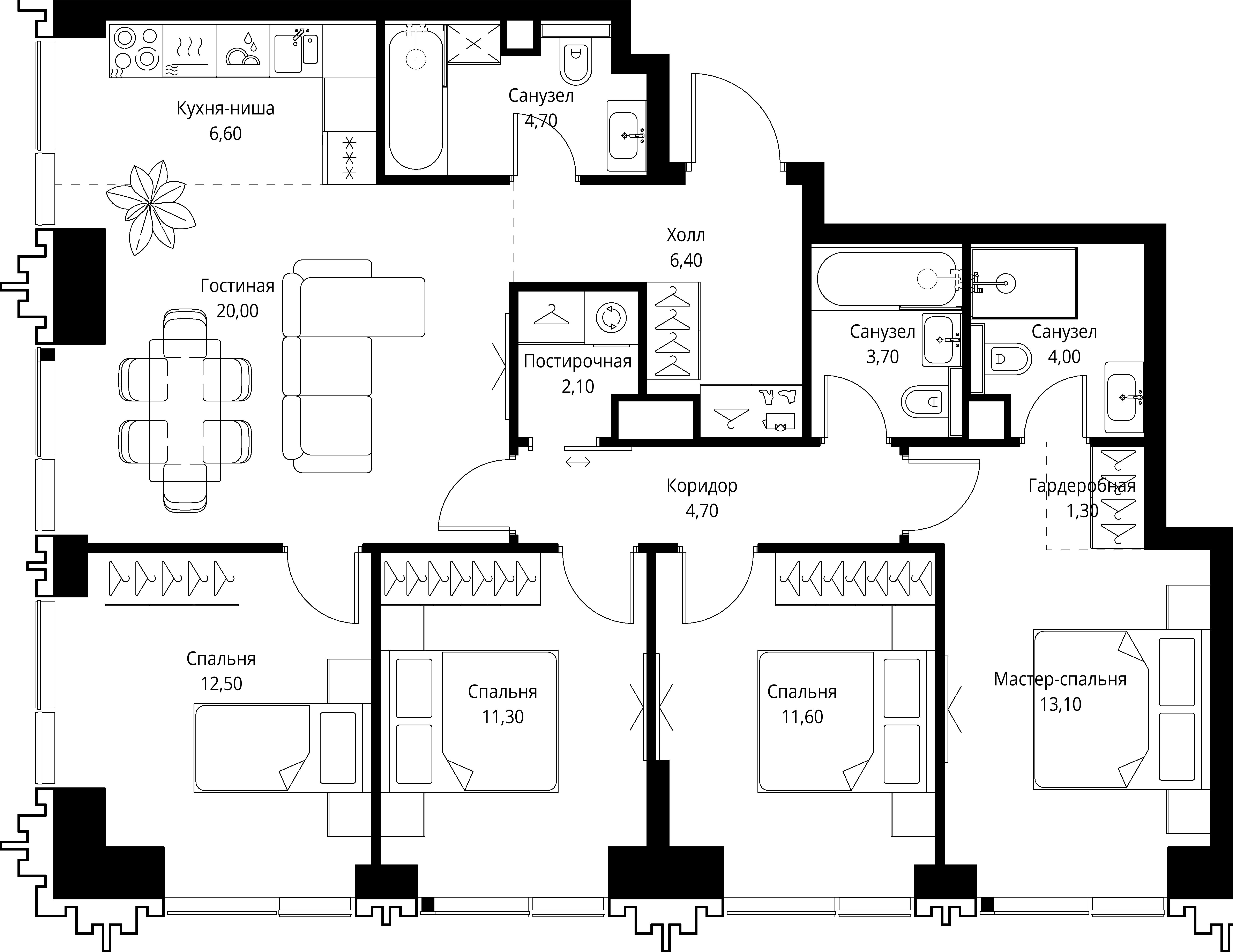 4 комн. квартира, 101.7 м², 44 этаж 