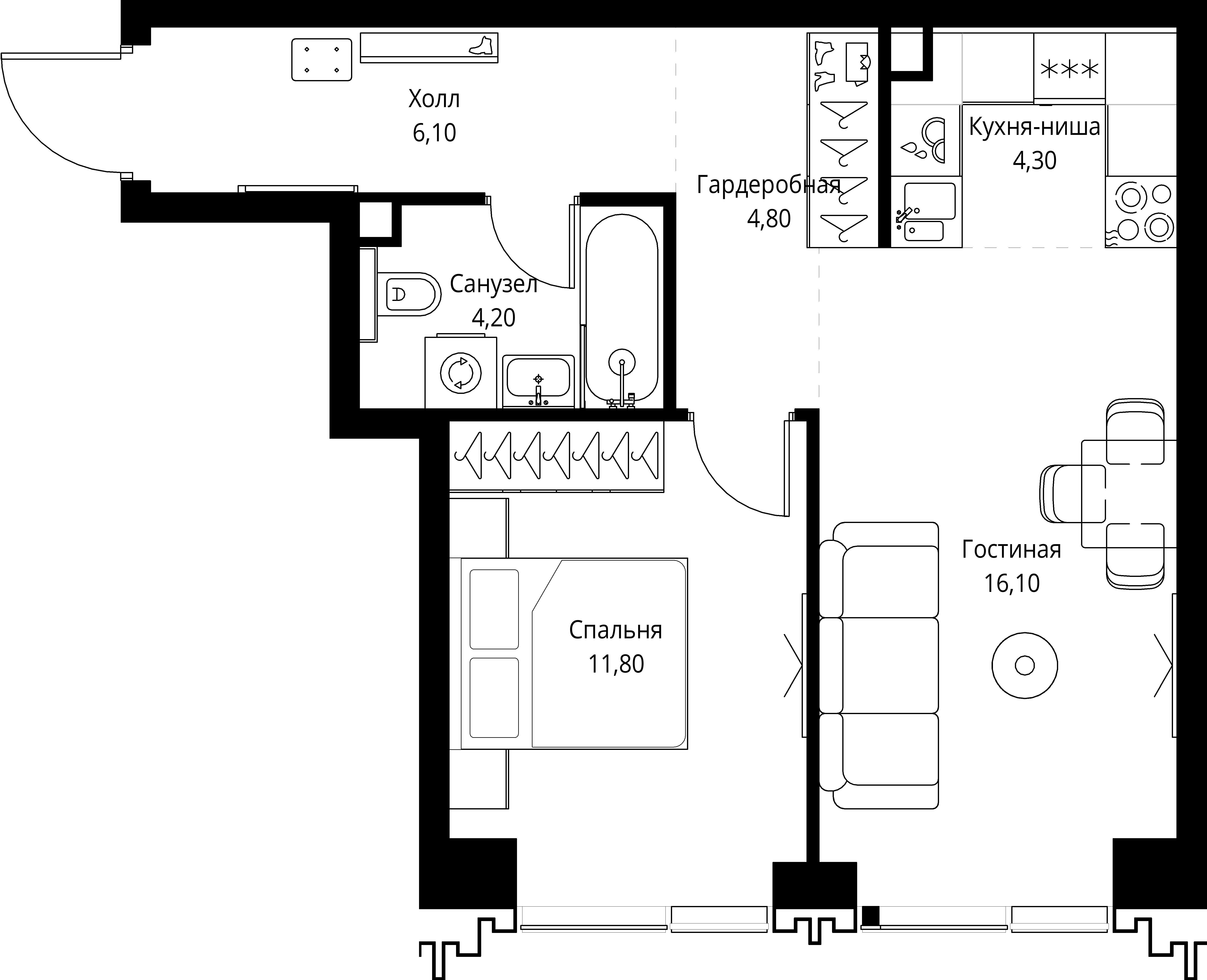 1 комн. квартира, 47.3 м², 34 этаж 