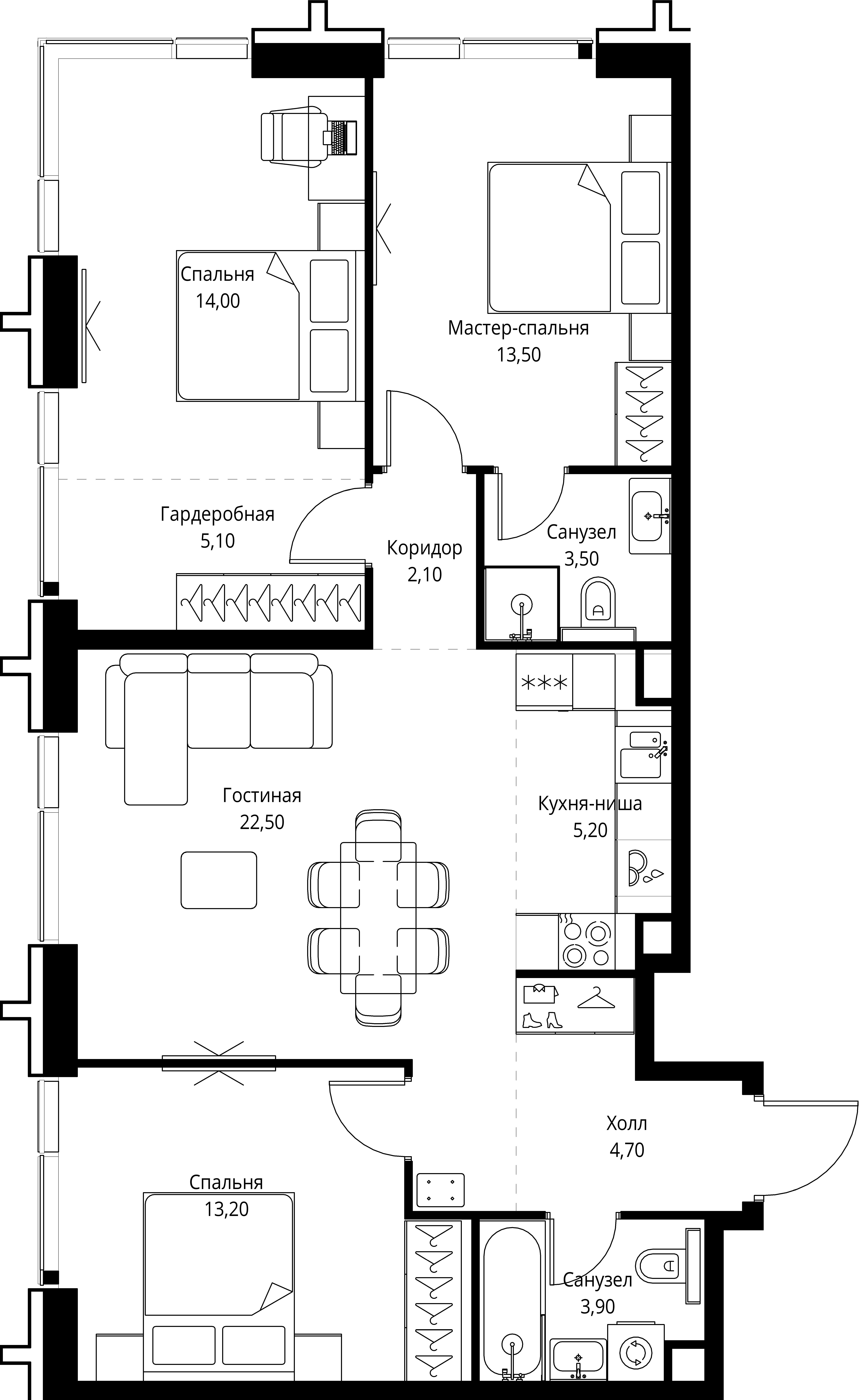 3 комн. квартира, 87.7 м², 3 этаж 