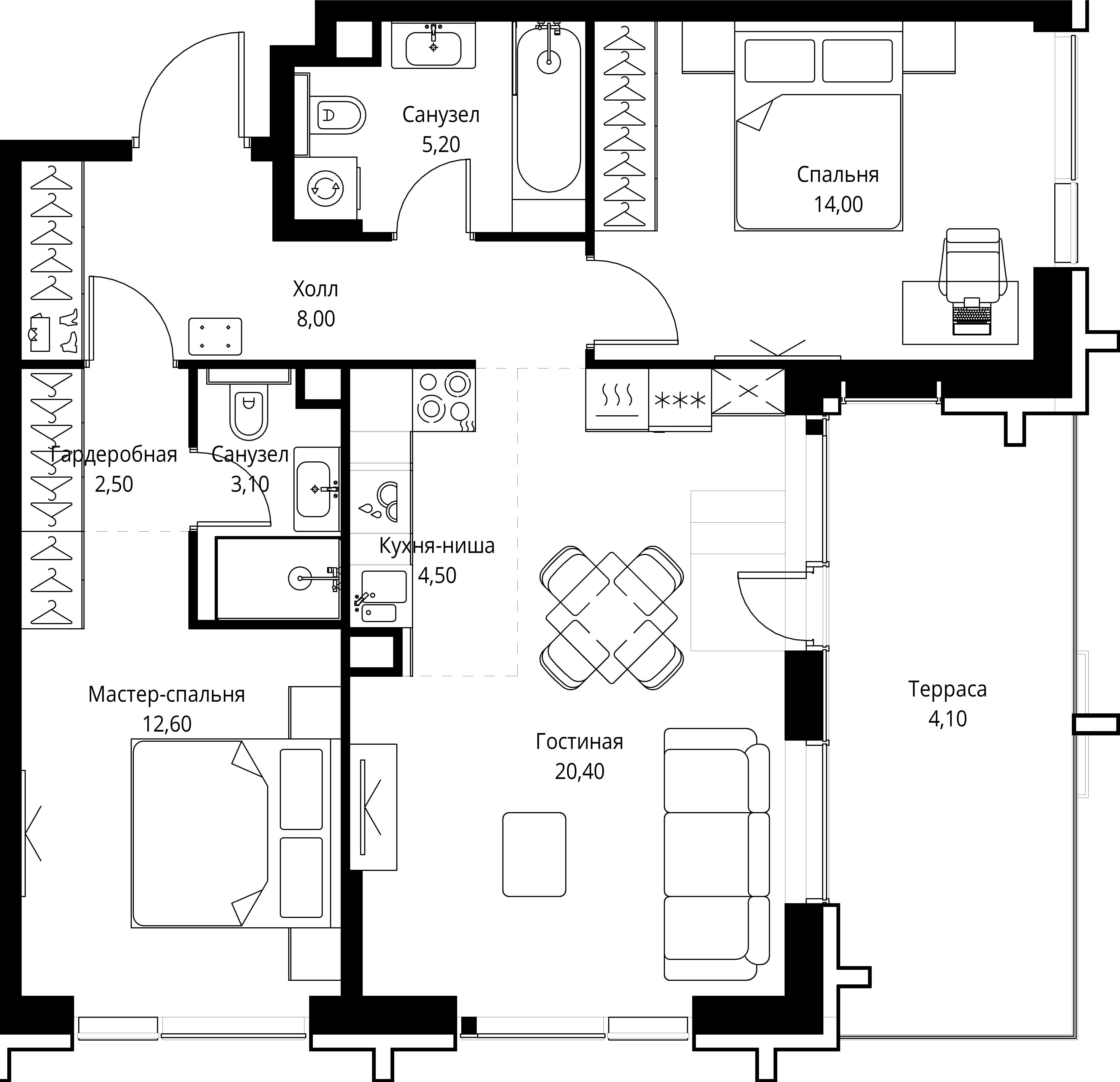 2 комн. квартира, 74.4 м², 22 этаж 