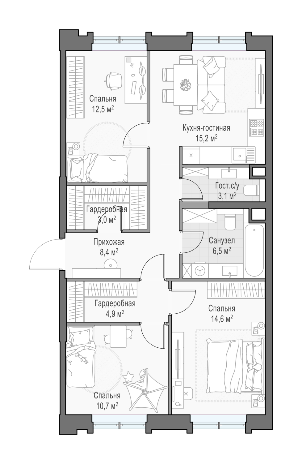 3 комн. квартира, 79.8 м², 2 этаж 