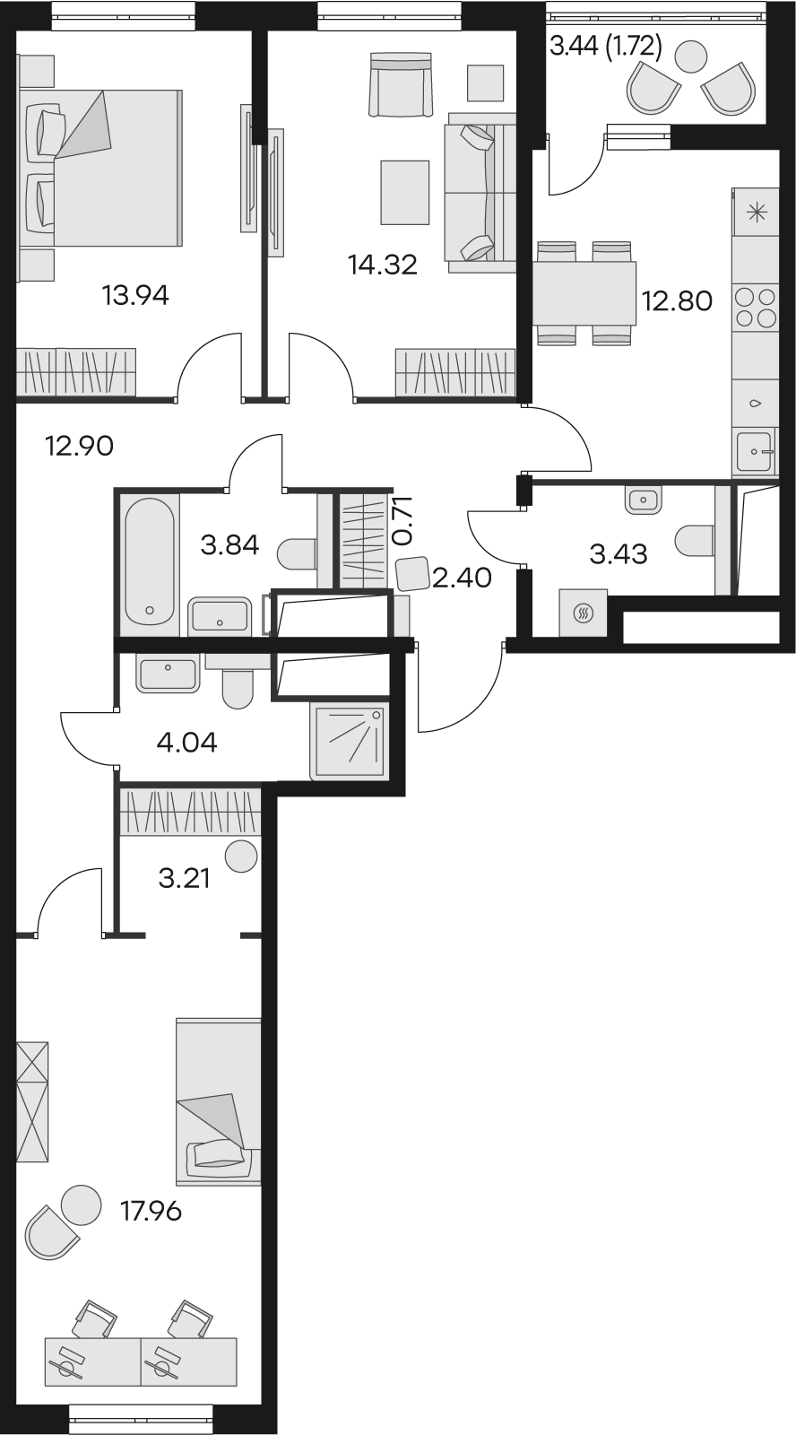 3 комн. квартира, 92.4 м², 3 этаж 