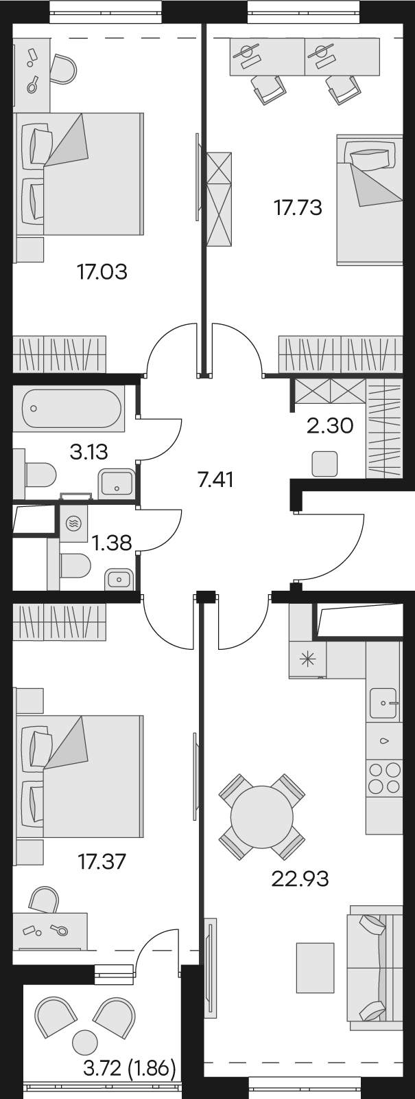 2 комн. квартира, 92.5 м², 13 этаж 
