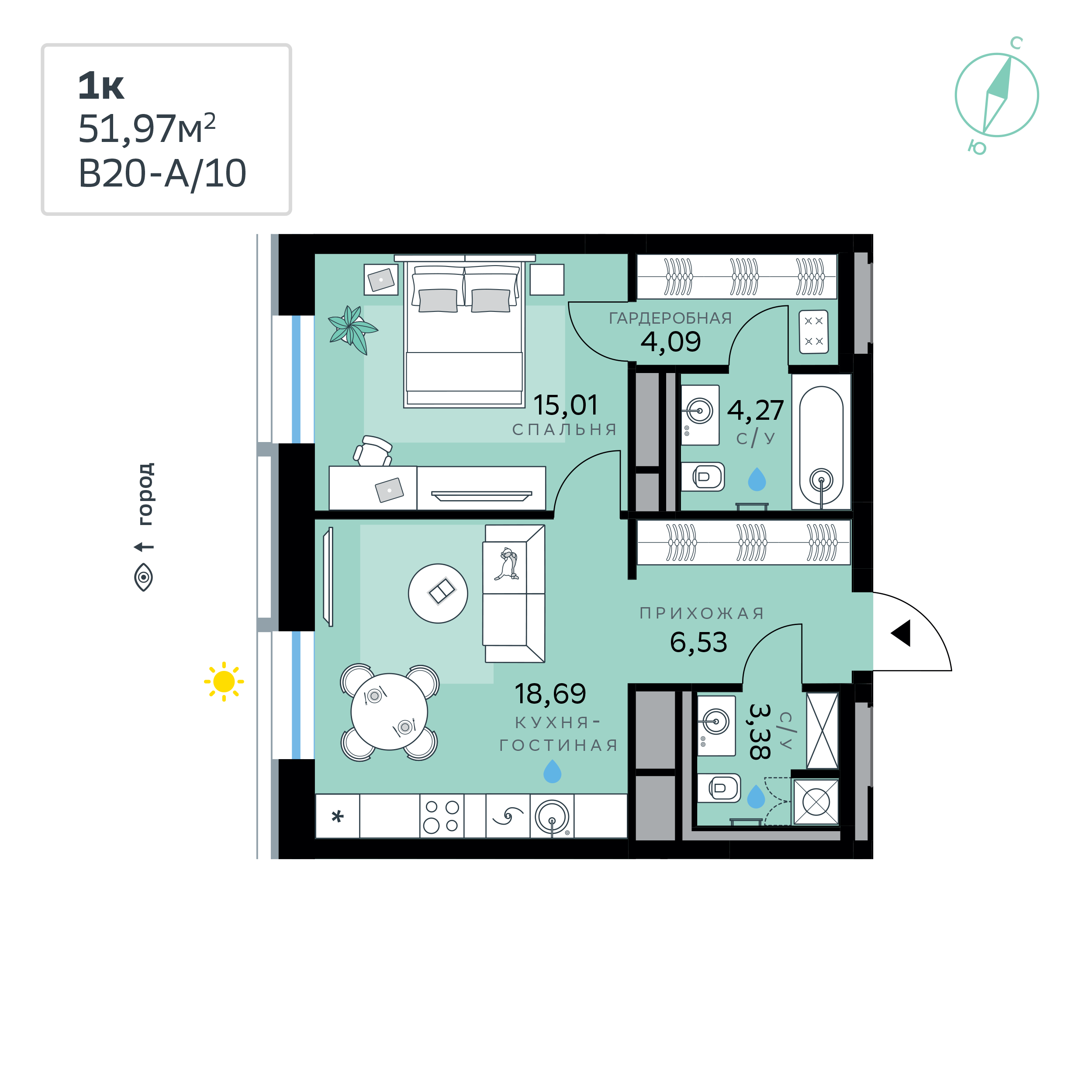 1 комн. квартира, 52 м², 3 этаж 