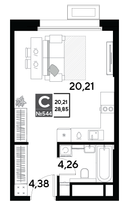 студия, 28.9 м², 23 этаж 