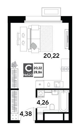 студия, 28.9 м², 21 этаж 