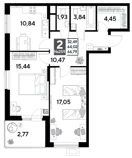 2 комн. квартира, 66.8 м², 21 этаж 