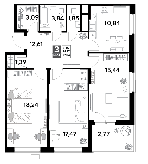 3 комн. квартира, 87.5 м², 6 этаж 