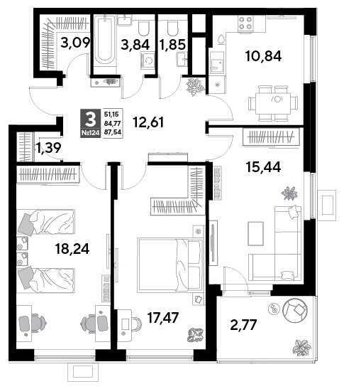 3 комн. квартира, 87.5 м², 11 этаж 