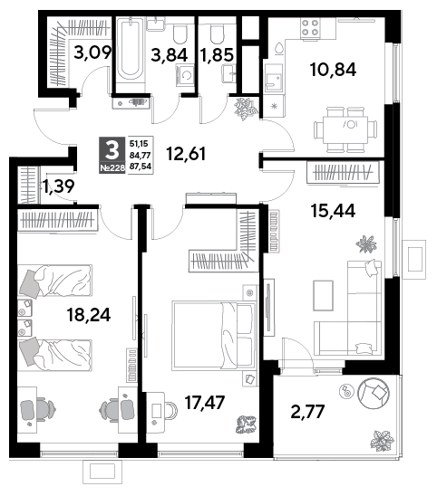 3 комн. квартира, 87.5 м², 19 этаж 