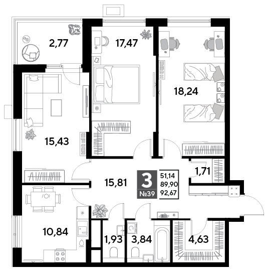 3 комн. квартира, 92.7 м², 5 этаж 