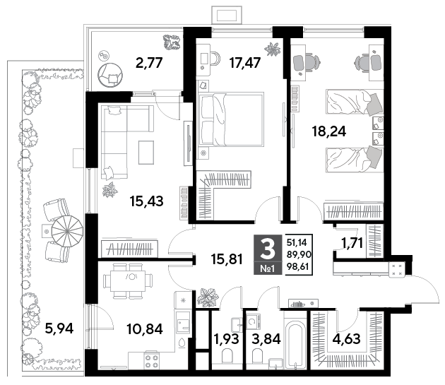 3 комн. квартира, 98.6 м², 2 этаж 