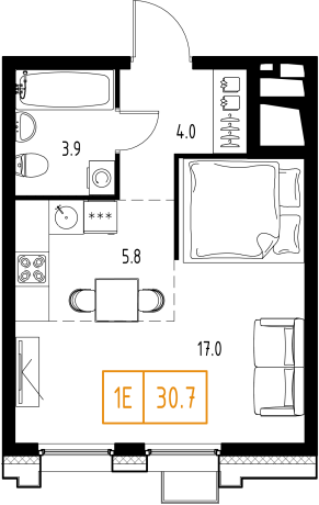 1 комн. квартира, 30.7 м², 2 этаж 