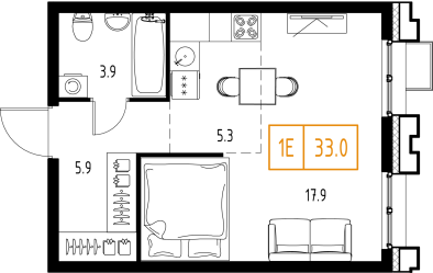1 комн. квартира, 33 м², 2 этаж 