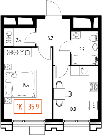 1 комн. квартира, 35.9 м², 5 этаж 