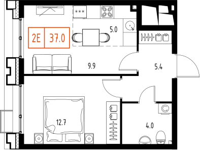 1 комн. квартира, 37 м², 3 этаж 