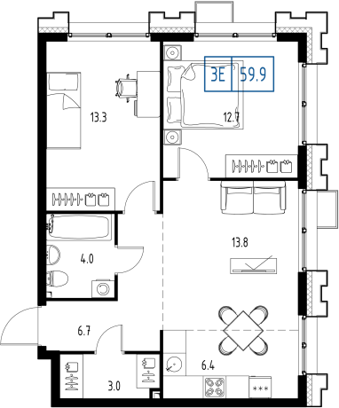 3 комн. квартира, 59.9 м², 2 этаж 