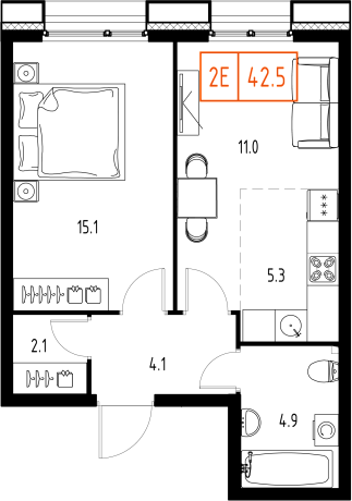 1 комн. квартира, 42.5 м², 7 этаж 