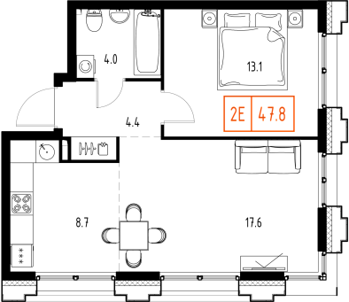 2 комн. квартира, 47.8 м², 2 этаж 