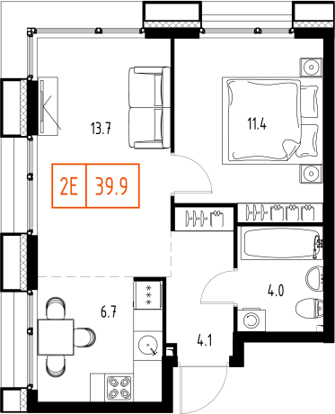 2 комн. квартира, 39.9 м², 4 этаж 