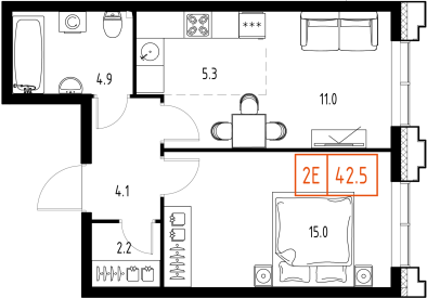 1 комн. квартира, 42.5 м², 9 этаж 