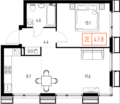 2 комн. квартира, 47.8 м², 6 этаж 