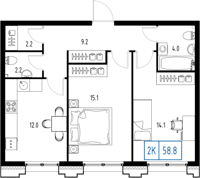 2 комн. квартира, 58.8 м², 2 этаж 