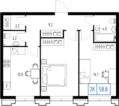 2 комн. квартира, 58.8 м², 9 этаж 