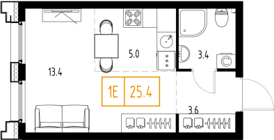 студия, 25.4 м², 2 этаж 