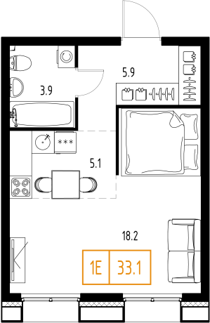 1 комн. квартира, 33.1 м², 6 этаж 