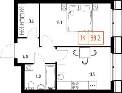 1 комн. квартира, 38.2 м², 7 этаж 