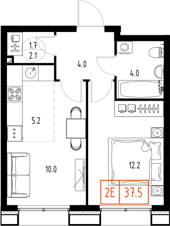 1 комн. квартира, 37.5 м², 6 этаж 