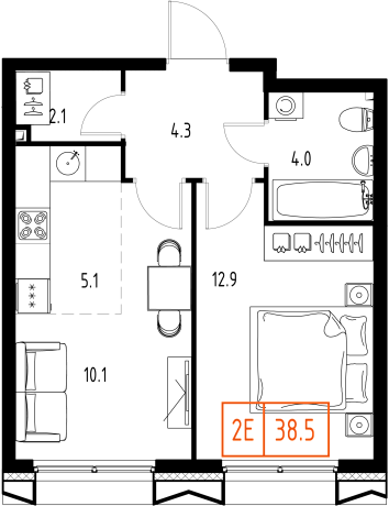1 комн. квартира, 38.5 м², 5 этаж 