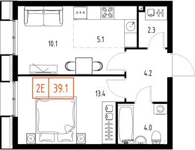 1 комн. квартира, 39.1 м², 3 этаж 