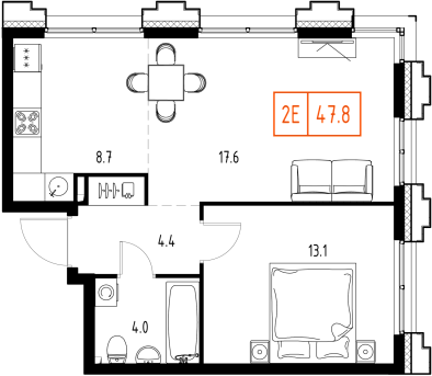 2 комн. квартира, 47.8 м², 2 этаж 