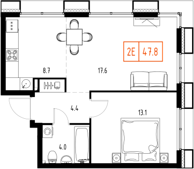 2 комн. квартира, 47.8 м², 4 этаж 